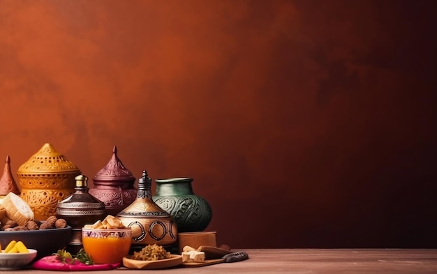 Ein Tisch mit arabischem Essen und einer Tasse Tee
