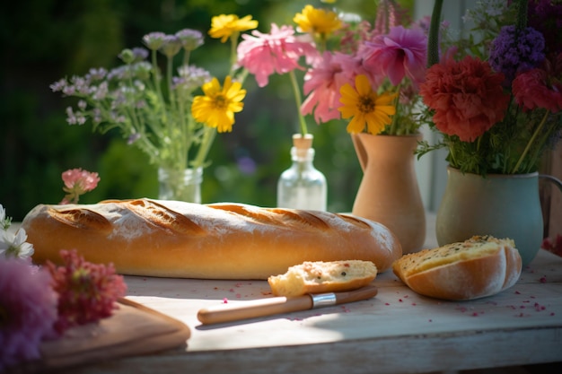 Ein Tisch mit Blumen und Brot darauf