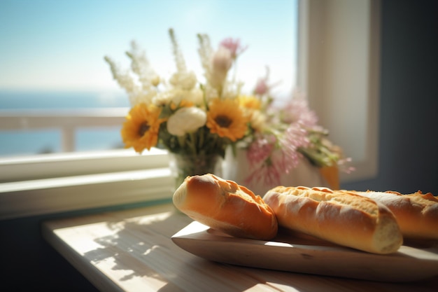 Ein Tisch mit Blumen und einem Brot darauf