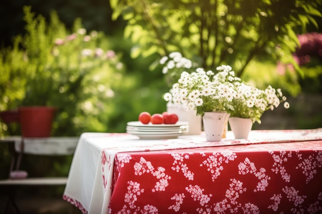 Ein Tisch mit Blumen und Tellern darauf generative KI