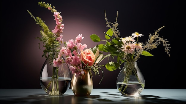 Ein Tisch mit Blumenvasen darauf und einer rosa Blume auf der rechten Seite.