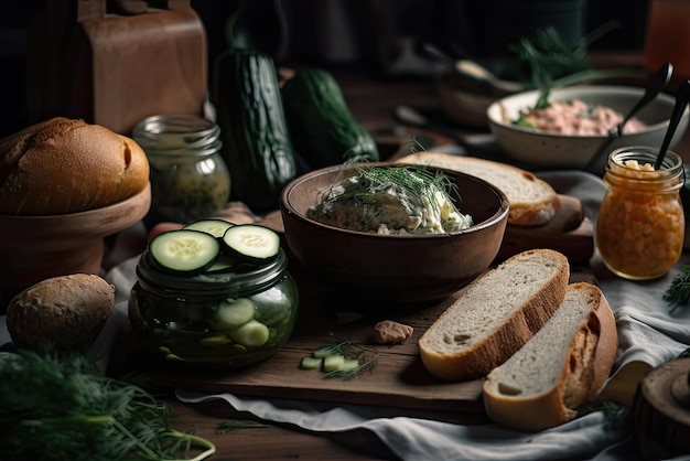 Ein Tisch mit Brot, Gurken und Gurken darauf