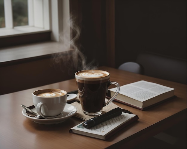 Ein Tisch mit Büchern und heißem Kaffee. Kostenloser Download von Bildern