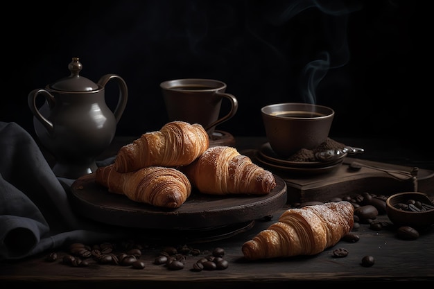 Ein Tisch mit Croissants und Kaffeetassen auf schwarzem Hintergrund