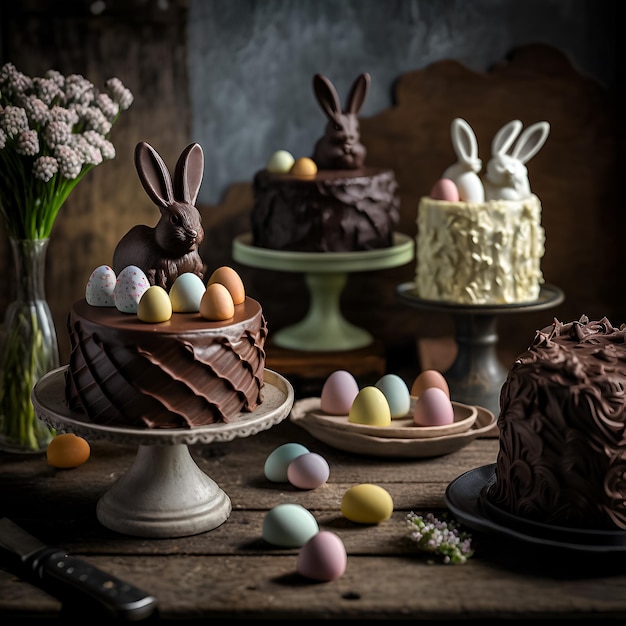 Ein Tisch mit drei Kuchen und einem Haufen Ostereier darauf.