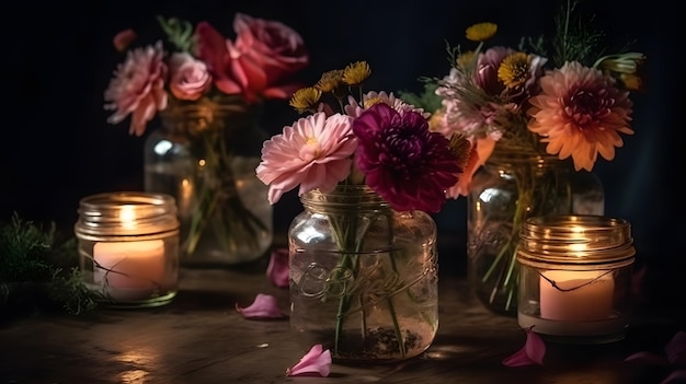 Ein Tisch mit einem Blumenstrauß in Gläsern vor dunklem Hintergrund.