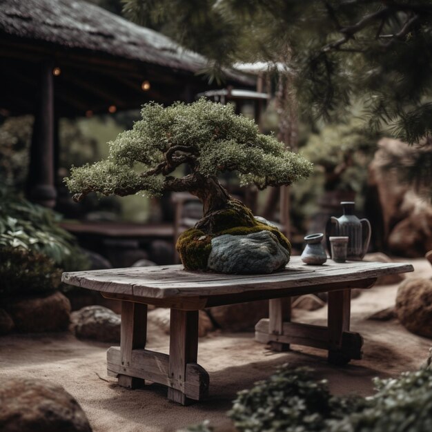 Ein Tisch mit einem Bonsai-Baum darauf