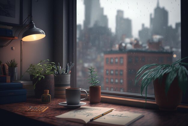 Ein Tisch mit einem Buch und einer Pflanze darauf vor einem Fenster mit Blick auf die Stadt vor dem verregneten Fenster generatives ai