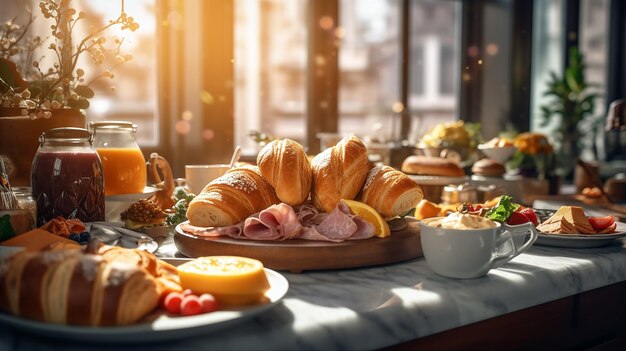 Ein Tisch mit einem Frühstücksbuffet und einem Teller mit Essen, einem Sandwich und einer Schüssel mit Essen