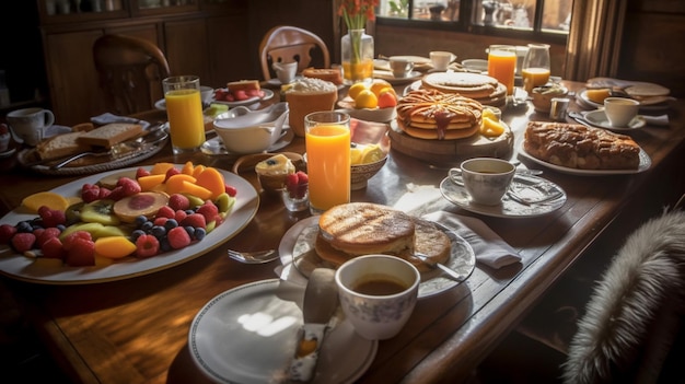 Ein Tisch mit einem Frühstückstisch mit einem Haufen Pfannkuchen und Orangensaft.