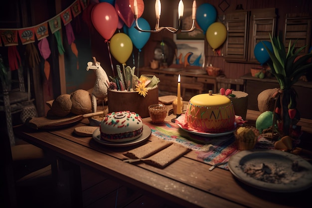 Ein Tisch mit einem Geburtstagskuchen und einem Schild, auf dem steht "Glücklicher Geburtstag"