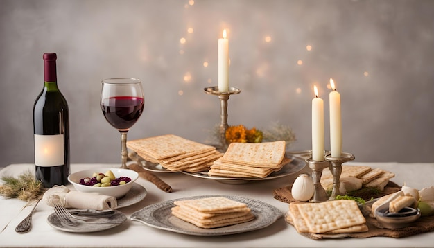 ein Tisch mit einem Glas Wein und Crackern mit einer Kerze im Hintergrund