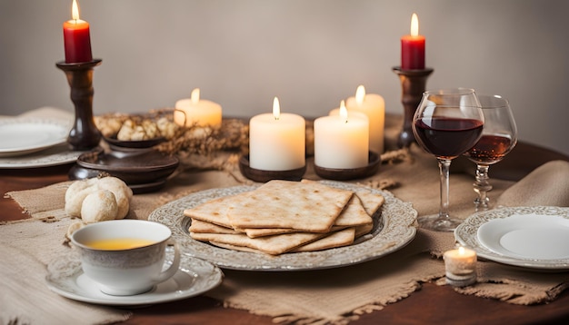 ein Tisch mit einem Glas Wein und einem Teller mit Crackern mit einem Glas Wine und einer Kerze