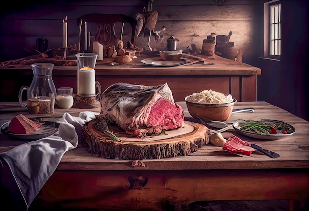 Ein Tisch mit einem großen Stück Fleisch darauf und einer Schüssel mit grünen Bohnen darauf.