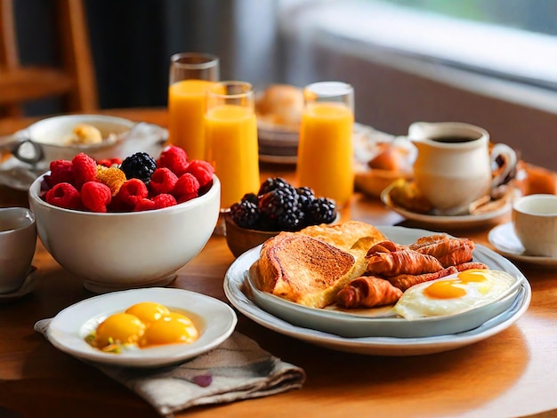 Foto ein tisch mit einem guten frühstück