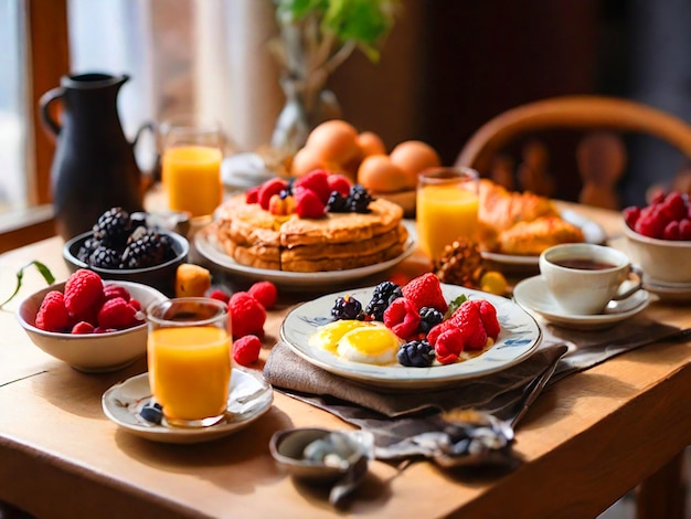 Foto ein tisch mit einem guten frühstück