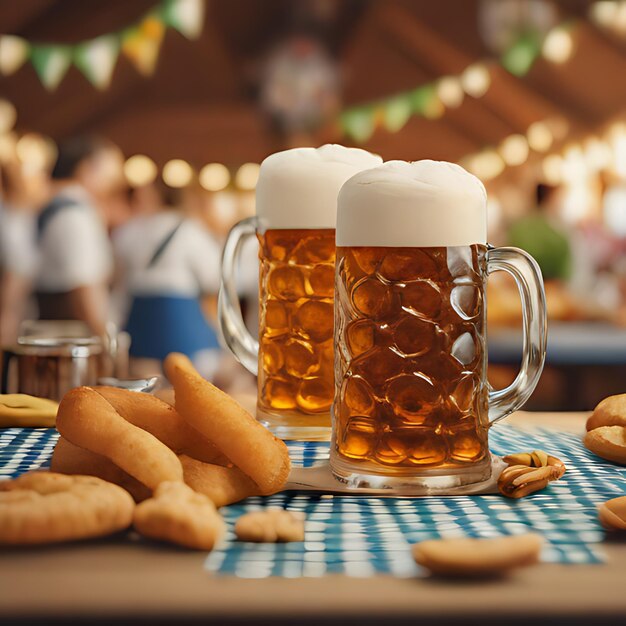 ein Tisch mit einem Haufen Kekse und Bechern Bier darauf