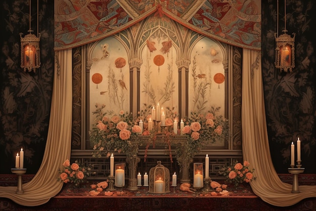 Ein Tisch mit einem Kreuz und Kerzen darauf