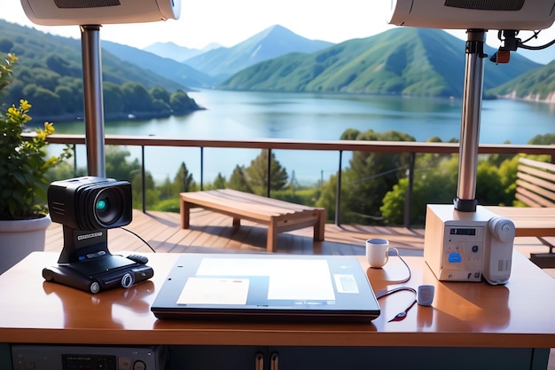 Ein Tisch mit einem Laptop darauf und Blick auf einen See und Berge im Hintergrund.