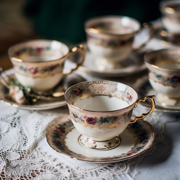 Ein Tisch mit einem Spitzendeckchen und einer Tasse und Untertasse mit Blumenmuster darauf.