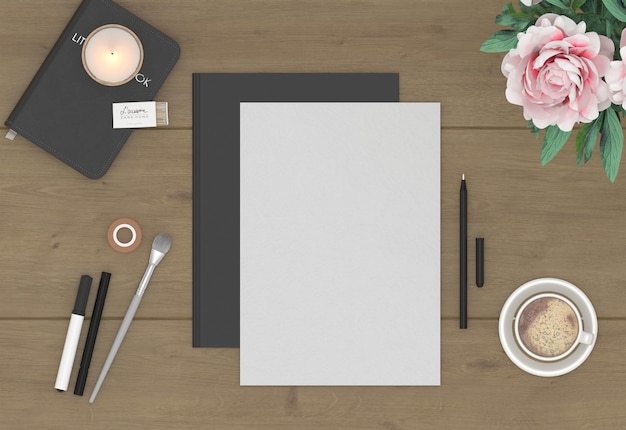 ein Tisch mit einem Stück Papier und einem Bild einer Blume darauf
