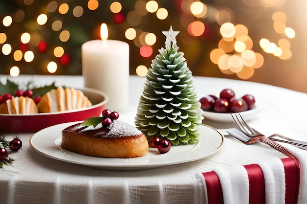 Ein Tisch mit einem Teller mit Essen und einem Weihnachtsbaum darauf