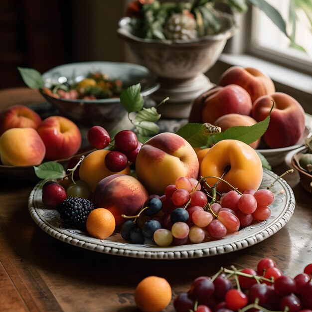 Ein Tisch mit einem Teller mit Frucht-Himbeer-Trauben-Nektarinen