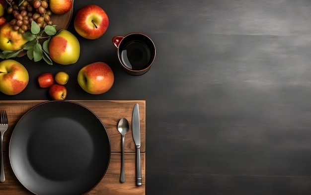 Ein Tisch mit einem Teller und einer Tasse Kaffee und Äpfeln darauf