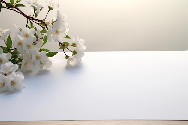 Ein Tisch mit einem weißen Blatt Papier und Blumen