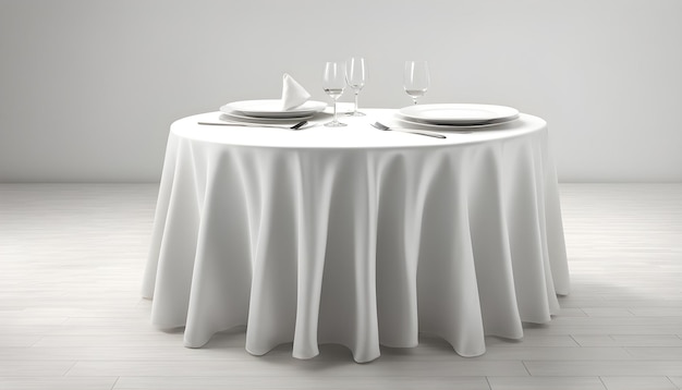ein Tisch mit einem weißen Tischtuch und zwei weißen Teller mit einem mit einer weißen Tischduch