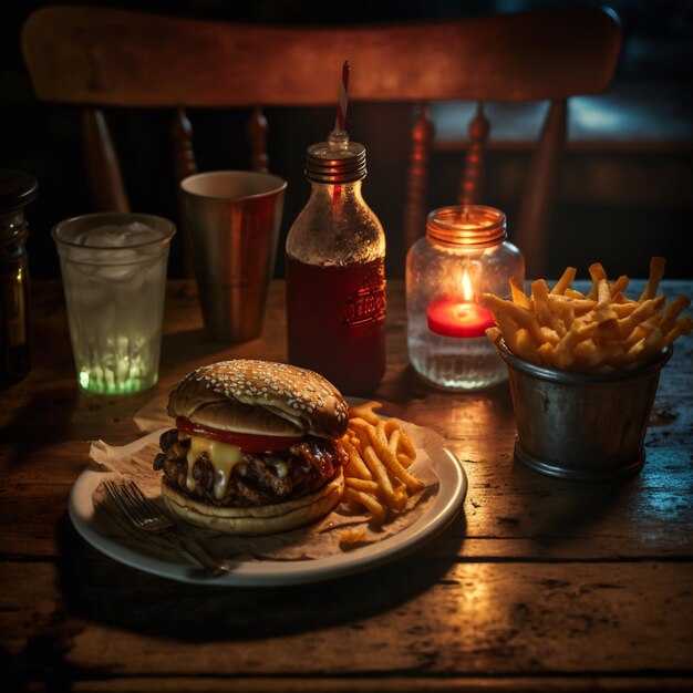 Ein Tisch mit einer Flasche Ketchup und einem Burger darauf