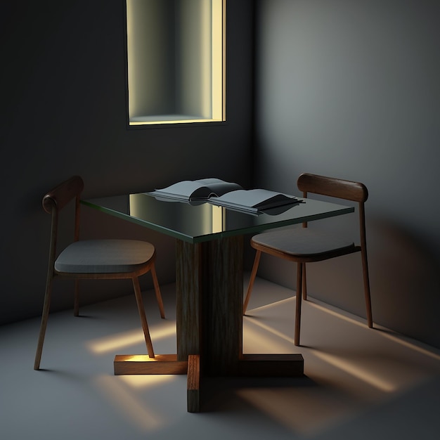 Ein Tisch mit einer Glasplatte und einem Stuhl, auf dem „das Wort“ steht.