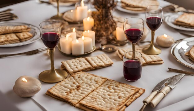 Foto ein tisch mit einer kerze, auf der cracker stehen