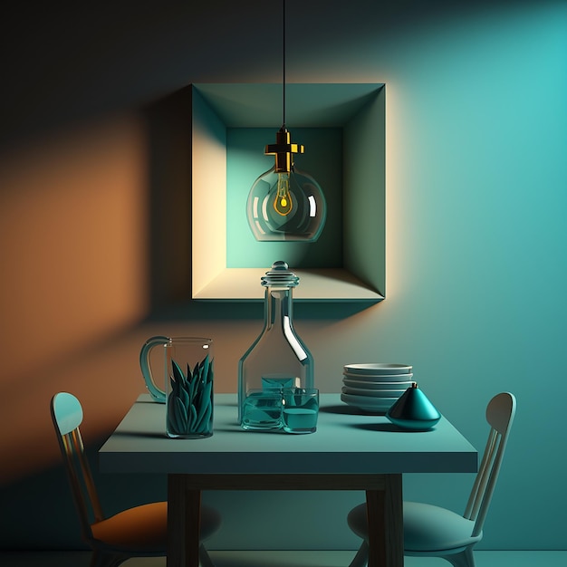 Ein Tisch mit einer Lampe und einer Glasflasche darauf
