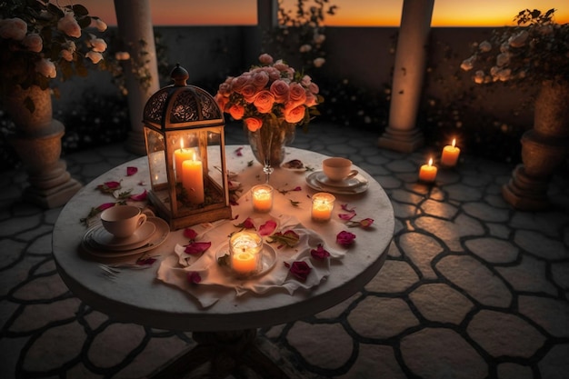 ein Tisch mit einer Laterne und Blumen darauf
