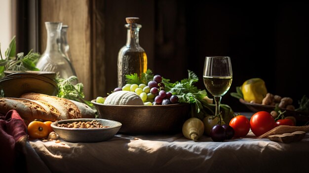 Foto ein tisch mit einer menge essen und wein