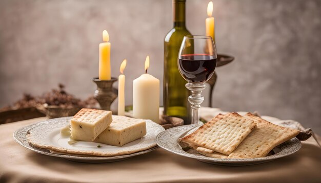 ein Tisch mit einer Platte mit Crackerbrot und einem Glas Wein