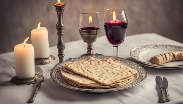 ein Tisch mit einer Platte mit Crackern, Weingläsern und einer Kerze, auf der Crackers stehen