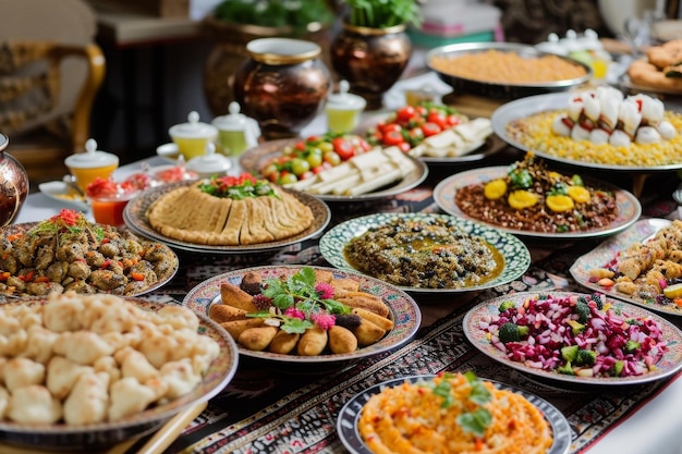 Ein Tisch mit einer reichhaltigen Auswahl an köstlichen Speisen mit zahlreichen Tischen, die mit einer Vielzahl von köstlichen Gerichten gefüllt sind Ein Ramadan-Iftar-Buffet, das von AI generiert wird