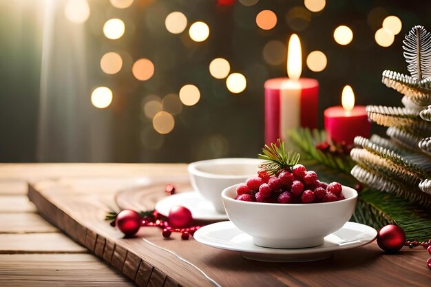 Foto ein tisch mit einer schüssel beeren und kerzen darauf