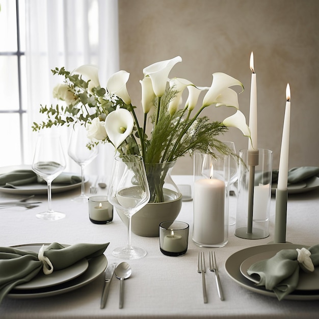 ein Tisch mit einer Vase mit Blumen und Kerzen darauf