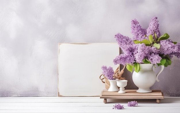 Ein Tisch mit einer Vase mit lila Blumen und einem weißen Hintergrund mit lila Hintergrund.