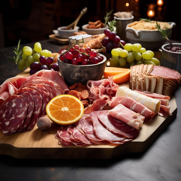 ein Tisch mit einer Vielfalt an Fleisch, Käse und Fleisch