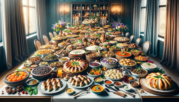 Ein Tisch mit einer Vielzahl von köstlichen Snacks und Speisen aus verschiedenen Küchen der Welt