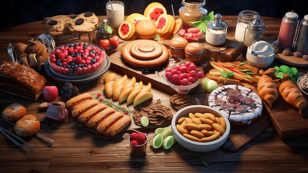 ein Tisch mit einer Vielzahl von Speisen, darunter Brot, Brot und Gebäck