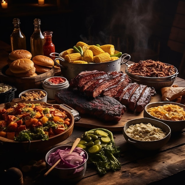 ein Tisch mit einer Vielzahl von Speisen, darunter Steaks, Brot und Gemüse