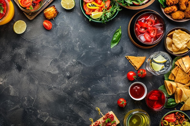 Ein Tisch mit einer Vielzahl von Speisen und Getränken, darunter Chips Salsa