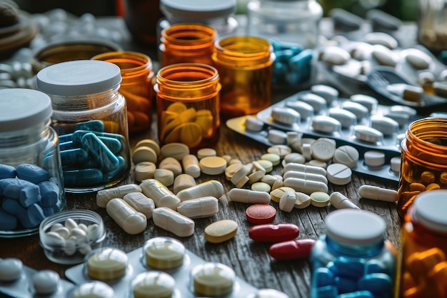 Foto ein tisch mit einer vielzahl von unterschiedlich farbigen pillen, ein tisch mit verschiedenen arten von opioiden, ki-generiert.
