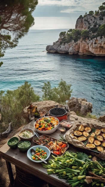 Ein Tisch mit Essen auf einer Klippe mit Blick auf das Meer