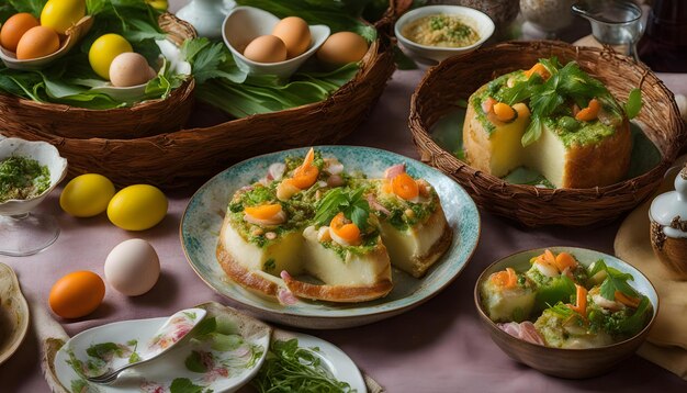 ein Tisch mit Essen, darunter Eier, Brot und Gemüse